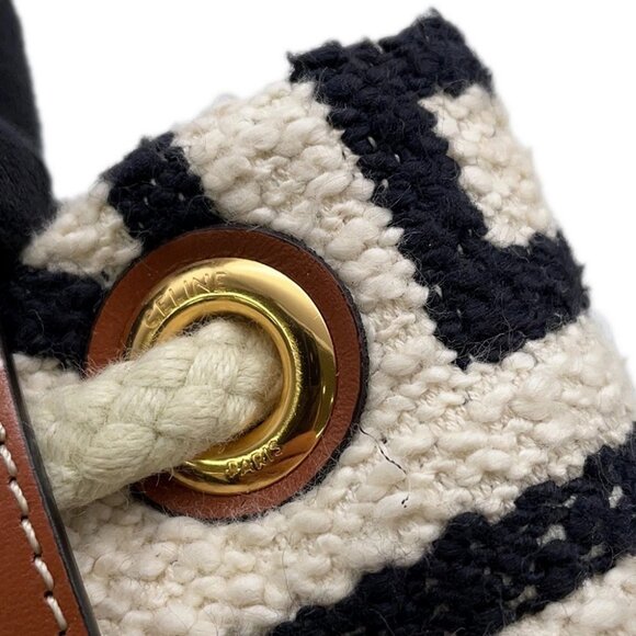 CELINE Teen Drawstring Handbag Cotton/Calf Leather Brown/White/Black 196532E - Picture 7 of 11